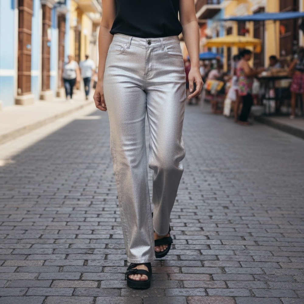Old Navy Shimmering Silver High-Rise Pants - Picture 1 of 3
